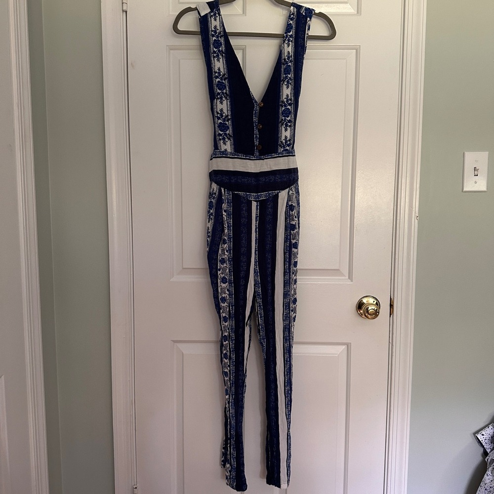 Free People Blue Floral Stripe Deep V Tie Back Jumpsuit Romper Size 8 Boho